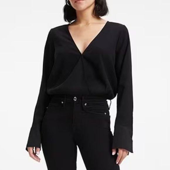 Good American Woven Deep Surplice V-Neck Long Sleeve Wrap Top (Size XS) - Picture 1 of 9